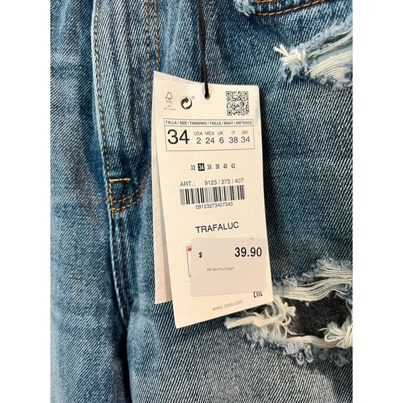 NEW Zara Jeans Womens 2 High Rise Blue Distressed Ripped Denim - Picture 5 of 8